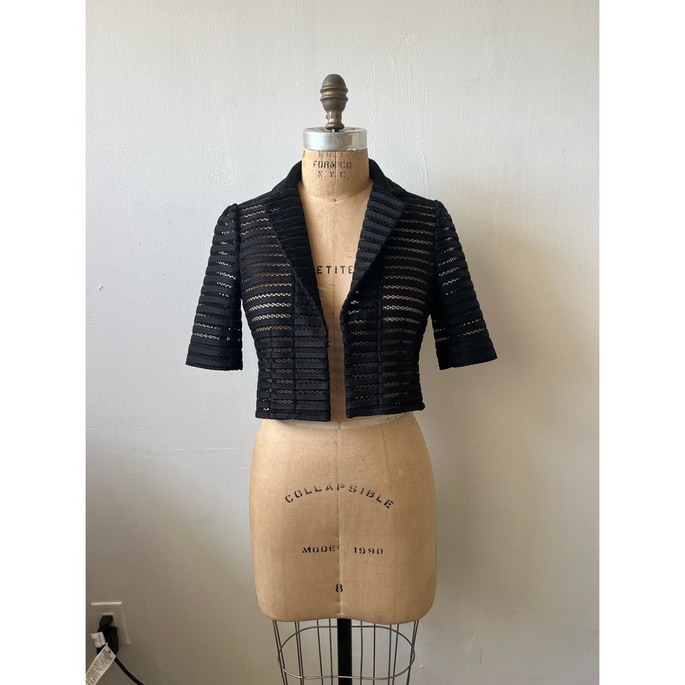 Nanette Lepore Black Mesh Ribbon Cropped Blazer Short Sleeve Jacket Size 2